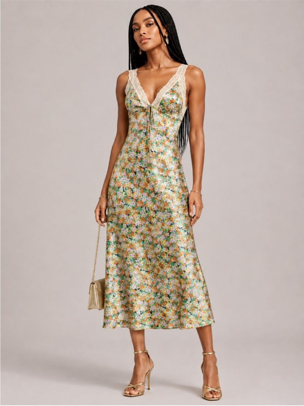 EUC Wild Fable Floral Print Lace Trim Satin Maxi Slip Dress XS